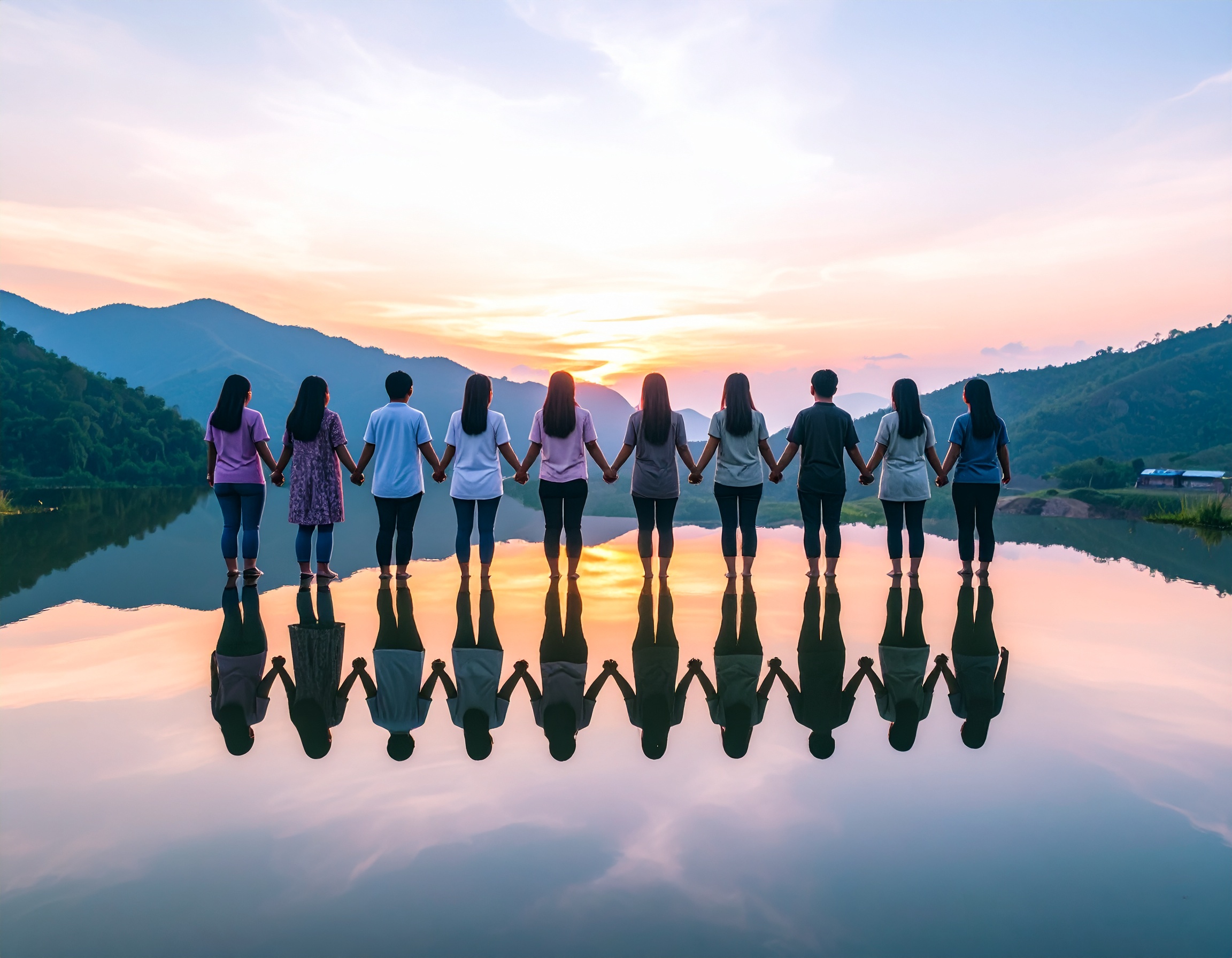 Każdy Się Liczy - kobiety i mężczyźni stoją tyłem trzymając się za ręce